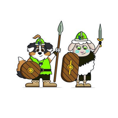 Es sind ein Hund und ein Schaf zu sehen, was rechts neben dem Hund steht. Beide tragen keltische Helme, und halten in den Händen ein Schild  und einen nach oben gerichteten Speer bzw. ein Schwert. 