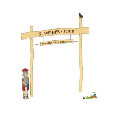 Eingangsportal mit links und rechts zwei Holzpfosten, die zwei Schilder tragen. Auf dem oberen steht "5-Weiher-Tour" und auf dem unteren "Auf den Spuren der Römer"