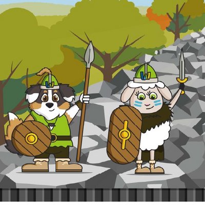 Es sind ein Hund und ein Schaf zu sehen, was rechts neben dem Hund steht. Beide tragen keltische Helme, und halten in den Händen ein Schild  und einen nach oben gerichteten Speer bzw. ein Schwert. Sie stehen auf einem Wall aus Steinen. Im Hintergrund sind Bäume.