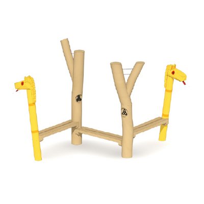 Es sind vier Pfosten aus Holz zu sehen, die im Zick-Zack angeordnet sind. Die äußeren beiden Pfosten sind gelb und haben einen Tierkopf am Ende aufsitzen. Zwischen den Pfosten sind aus Holz Sitzflächen angebracht.