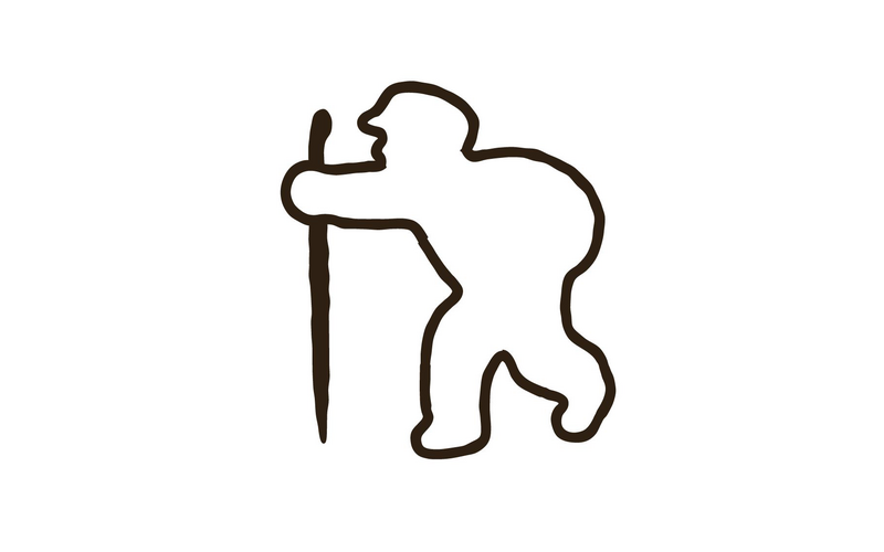 Umriss einer Schmugglerfigur mit Mütze, Wanderstab und Sack auf dem Rücken.