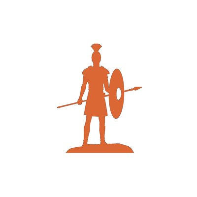 Es ist die orange gefärbte Kontur eines römischen Legionärs zu sehen. Er trägt einen Helm mit Kamm und eine Rüstung. Er hält in der einen Hand ein Schild und in der anderen Hand einen Speer. 